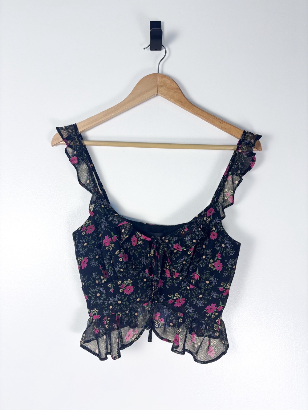 Majorelle Revolve Black Floral Print Ruffled Tie Scoop Neck Cropped Top S NWT